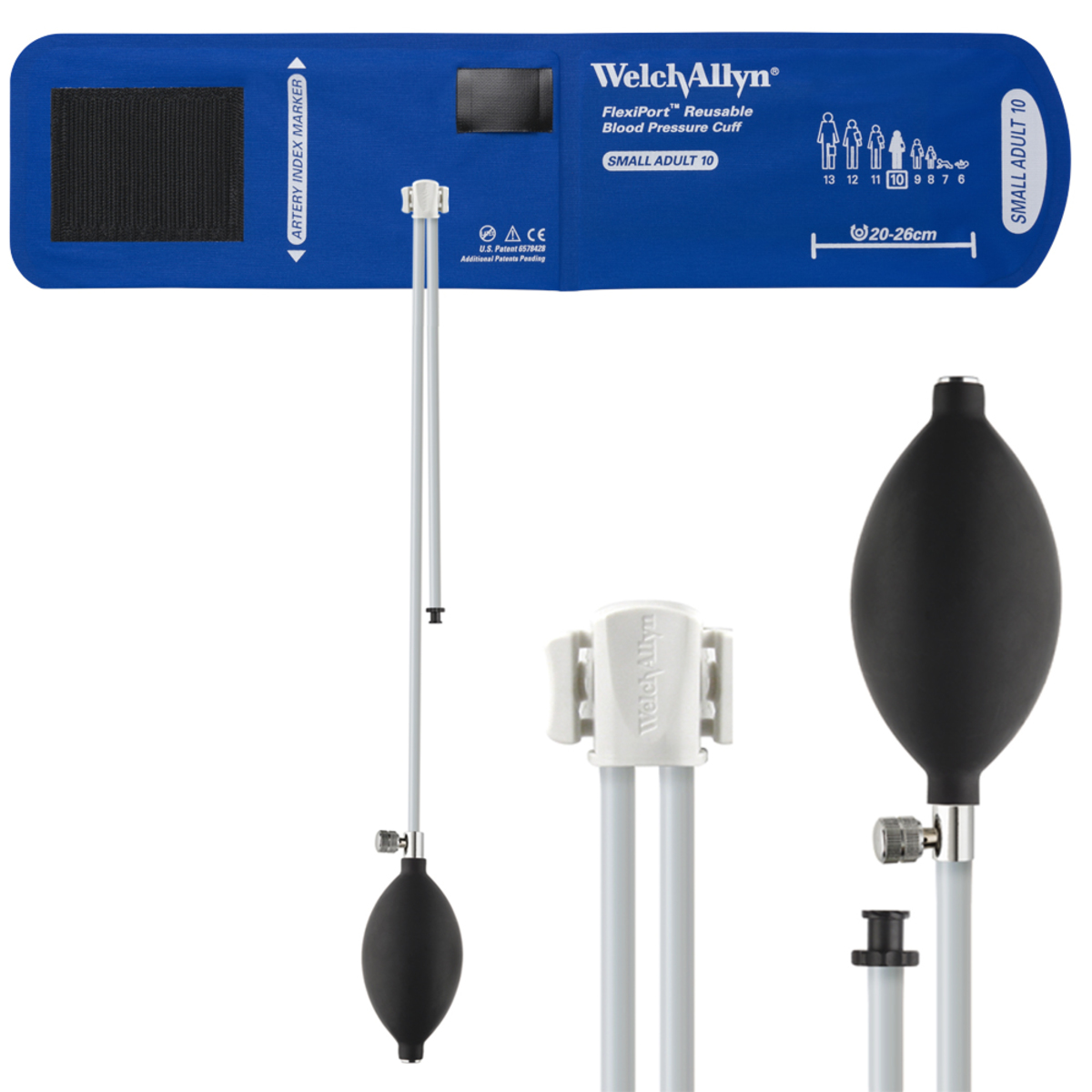Cuff Blood Pressure, FlexiPort, Size 10, Small Adult, 2-Tube [8' & 13'], Tri-Purpose Connector, Inflation Bulb and Valve, Range 20-26 cm, Nylon, Reusable (1/EA) by Hillrom/Welch Allyn  ID REUSE-10-2BV